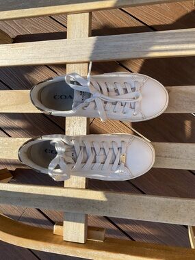 Coach Kids White Leather Lace-Up Sneakers with Gold Accent